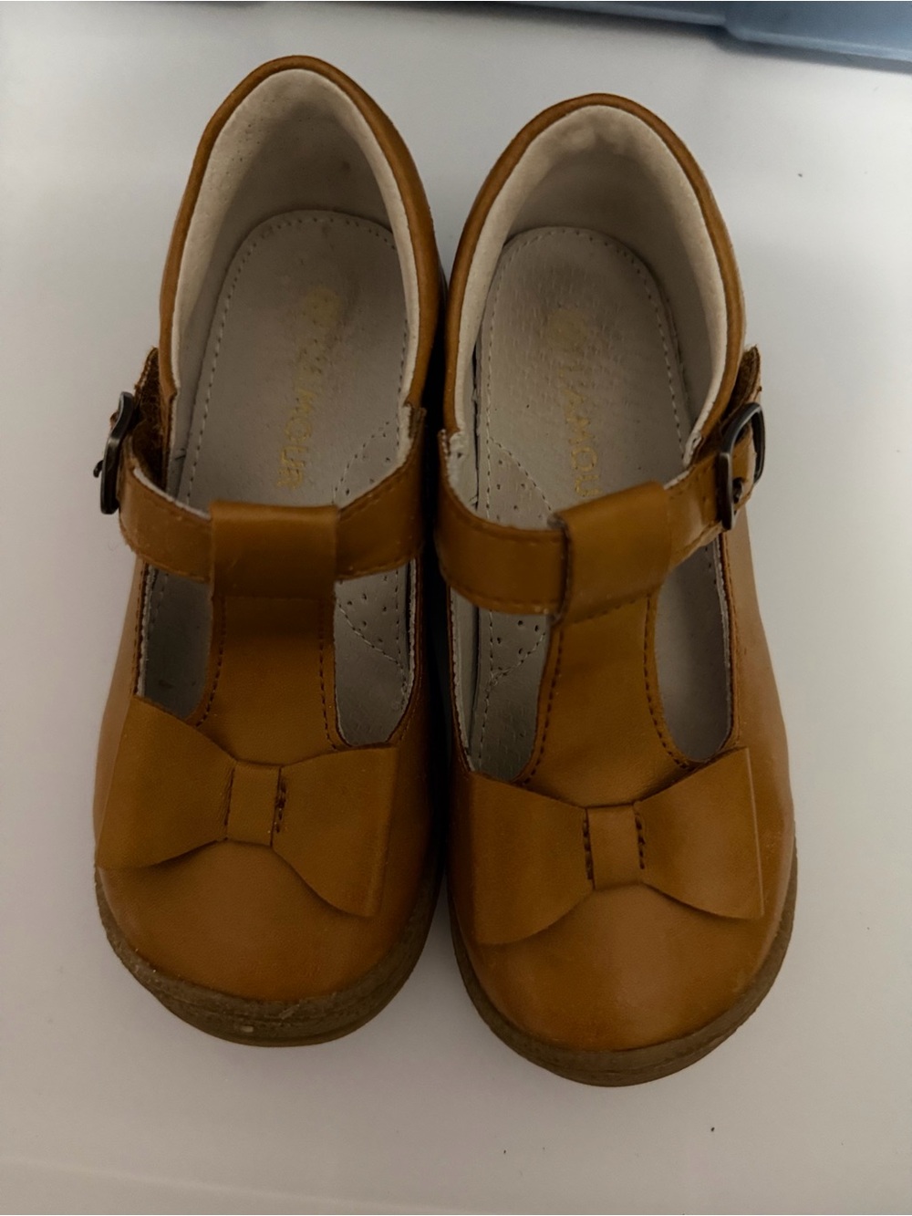 L'Amour Girls Tan Mary Jane Shoes with Bow